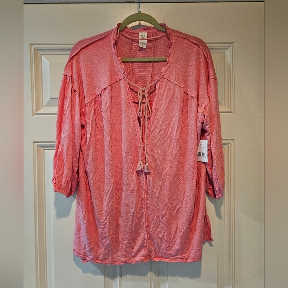Free People Just A Henley Linen Blend Oversized V Neck High Low Hem Pink XS NWT - Picture 15 of 16